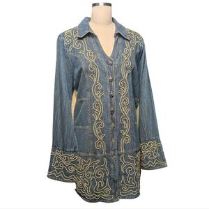 Parsley Sage Embroidered Denim Jacket Gold Accents Style Bell Sleeve Button Up